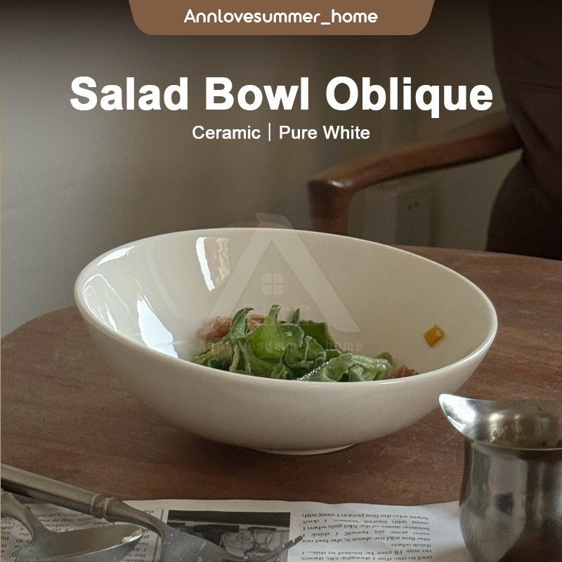 【𝗔𝗦𝗛】Ins Slanted Salad Bowl Oblique Bowl Ceramic Bowl Pure White Creative Noodle Bowl Ins风简约斜口碗