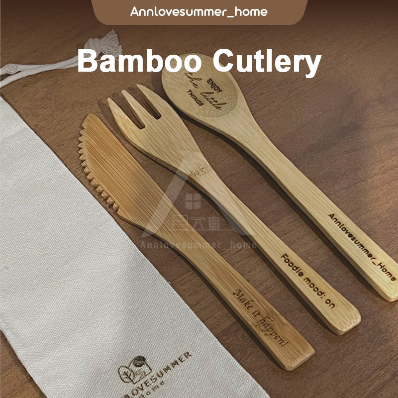 【𝗔𝗦𝗛】Personalized Utensils Bamboo Cutlery Set with Linen Storage Bag Spoon/Fork/Knife 3PCS/SET