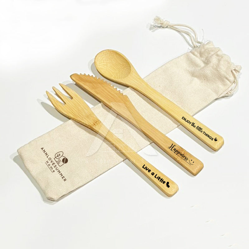 【𝗔𝗦𝗛】Personalized Utensils Bamboo Cutlery Set with Linen Storage Bag Spoon/Fork/Knife 3PCS/SET