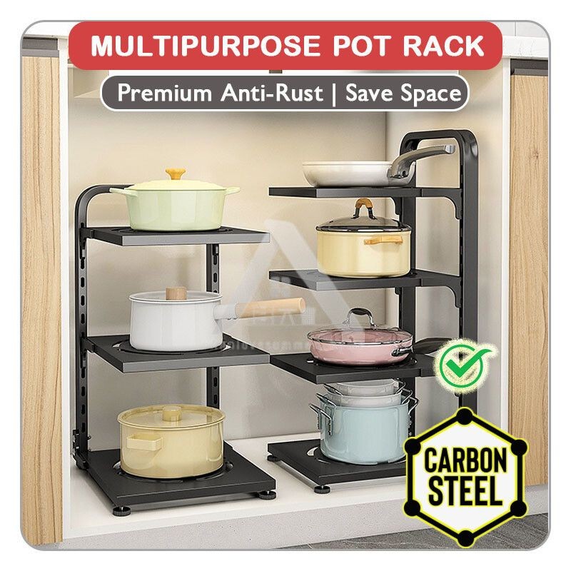 【𝗔𝗦𝗛】2-4 Tiers Adjustable Pot and Pan Rack Organizer Rak Bawah Sinki Kitchen Pot Storage 厨房收纳