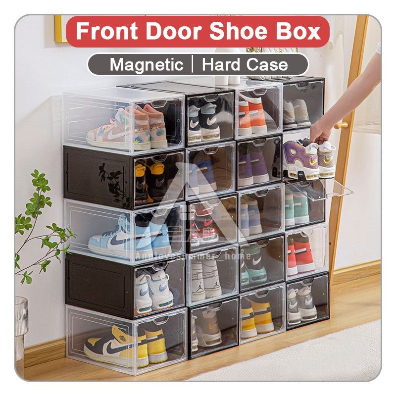 【𝗔𝗦𝗛】Hard Case Magnetic Front Door Shoe Box | Transparent Shoe Box Storage Box Sneakers Box Kasut Kotak AJ Akrilik