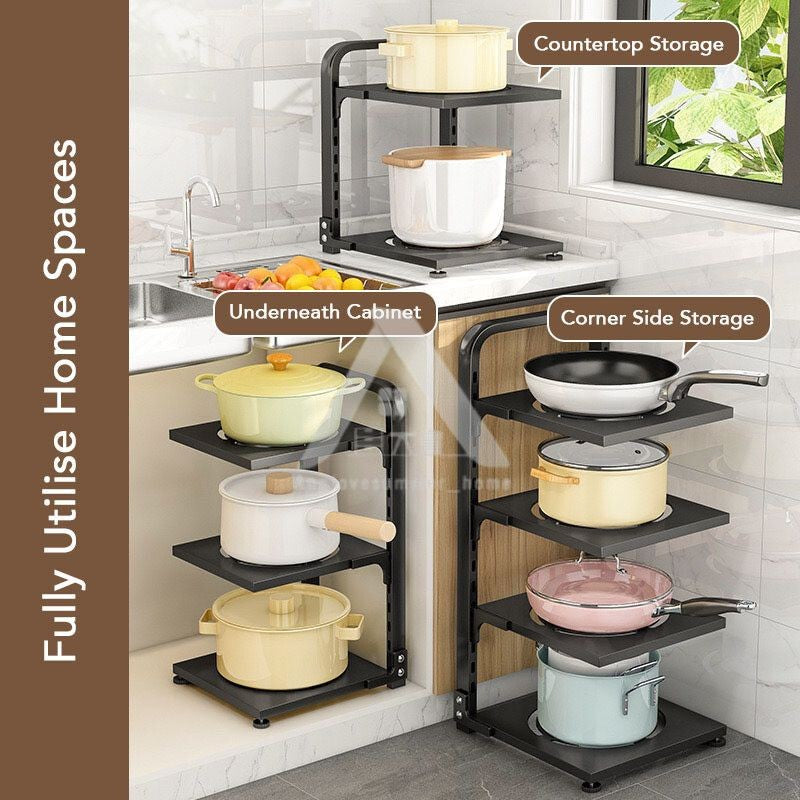 【𝗔𝗦𝗛】2-4 Tiers Adjustable Pot and Pan Rack Organizer Rak Bawah Sinki Kitchen Pot Storage 厨房收纳