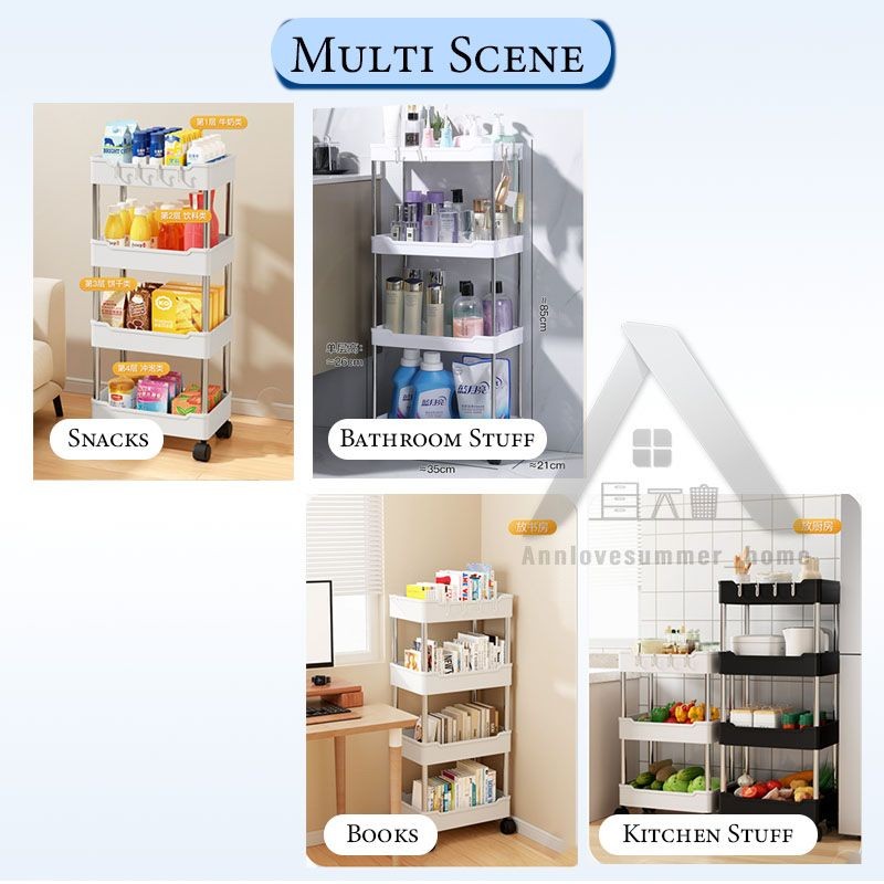 【𝗔𝗦𝗛】Hard PP Plastic 3/4 Tier Multifunction Storage Trolley