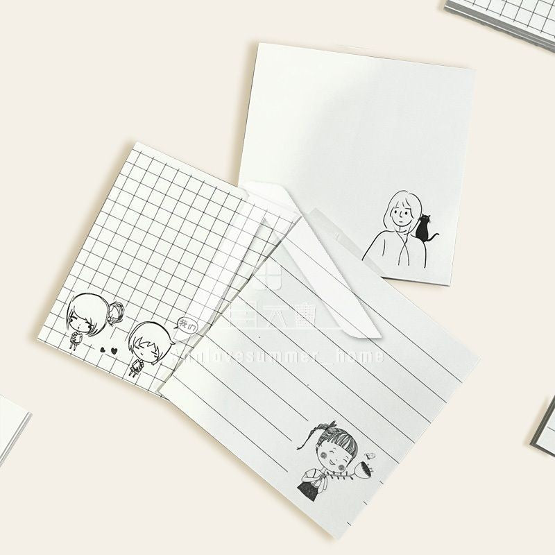 【𝗔𝗦𝗛】Sticky Note 80 Sheets/set Korean Girl B&W Horizon Line/Grid/Blank (1 Pack 4 Design)韩国女孩黑白便利贴
