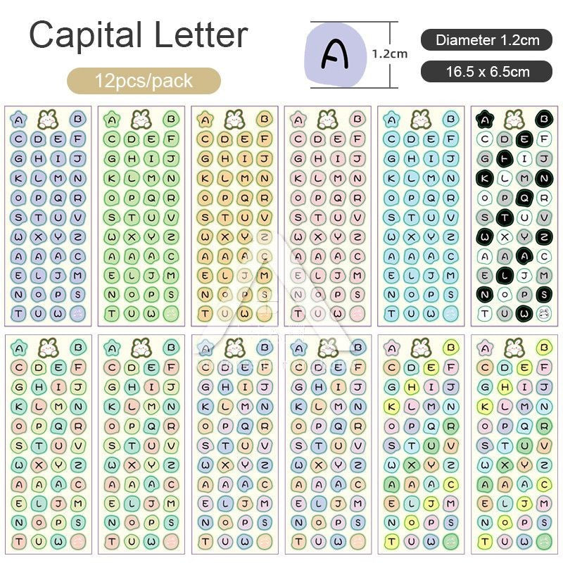 【𝗔𝗦𝗛】【1 Set 12pcs】Numbering Sticker Round Shape Cute Alphabet label DIY Scrapbook Planner Kids Books 字母数字标签贴纸