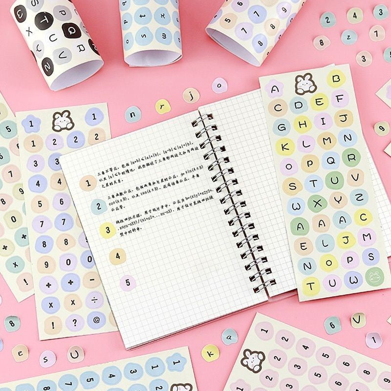 【𝗔𝗦𝗛】【1 Set 12pcs】Numbering Sticker Round Shape Cute Alphabet label DIY Scrapbook Planner Kids Books 字母数字标签贴纸