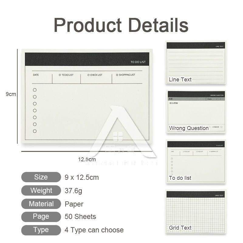 【𝗔𝗦𝗛】50 Sheets Minimalist Sticky Notepad To-do-list Wrong Question Line Text Grid Text错题修改日程便利贴