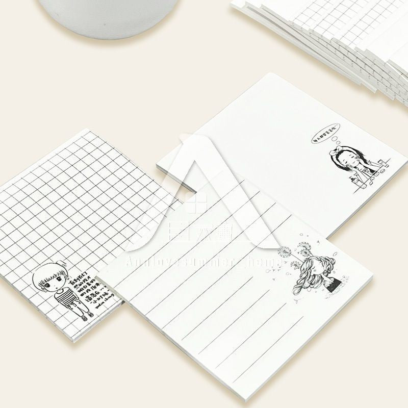 【𝗔𝗦𝗛】Sticky Note 80 Sheets/set Korean Girl B&W Horizon Line/Grid/Blank (1 Pack 4 Design)韩国女孩黑白便利贴