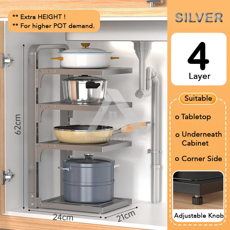 【𝗔𝗦𝗛】2-4 Tiers Adjustable Pot and Pan Rack Organizer Rak Bawah Sinki Kitchen Pot Storage 厨房收纳
