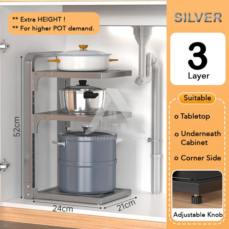 【𝗔𝗦𝗛】2-4 Tiers Adjustable Pot and Pan Rack Organizer Rak Bawah Sinki Kitchen Pot Storage 厨房收纳