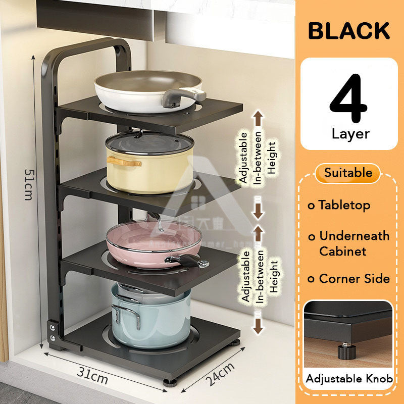 【𝗔𝗦𝗛】2-4 Tiers Adjustable Pot and Pan Rack Organizer Rak Bawah Sinki Kitchen Pot Storage 厨房收纳
