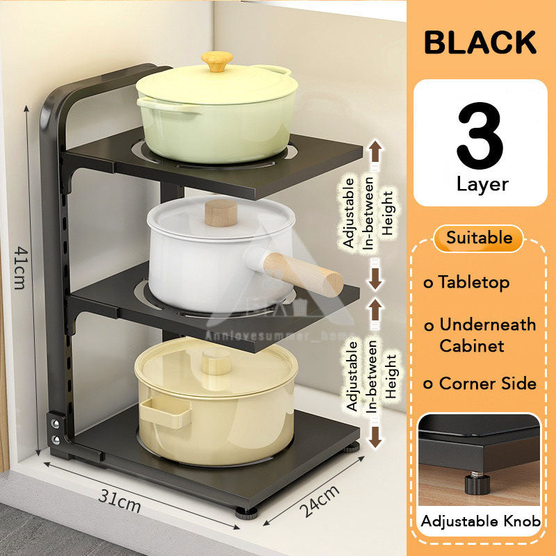 【𝗔𝗦𝗛】2-4 Tiers Adjustable Pot and Pan Rack Organizer Rak Bawah Sinki Kitchen Pot Storage 厨房收纳