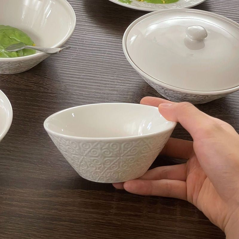 【𝗔𝗦𝗛】Embossed Ceramic Bowl with Lid French Style Dinner Bowl法式浮雕陶瓷碗
