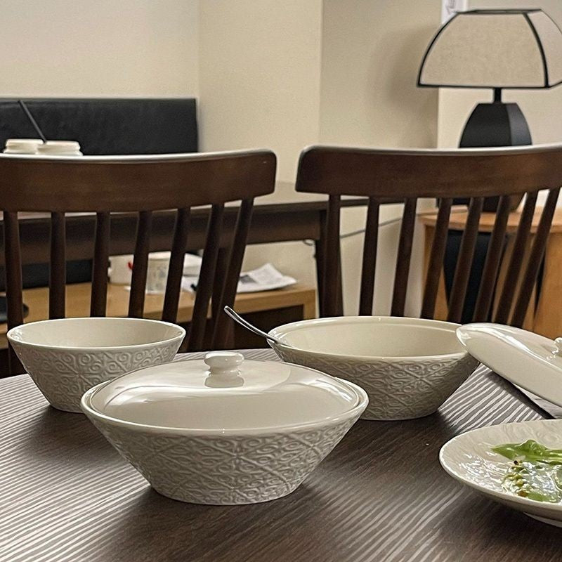 【𝗔𝗦𝗛】Embossed Ceramic Bowl with Lid French Style Dinner Bowl法式浮雕陶瓷碗