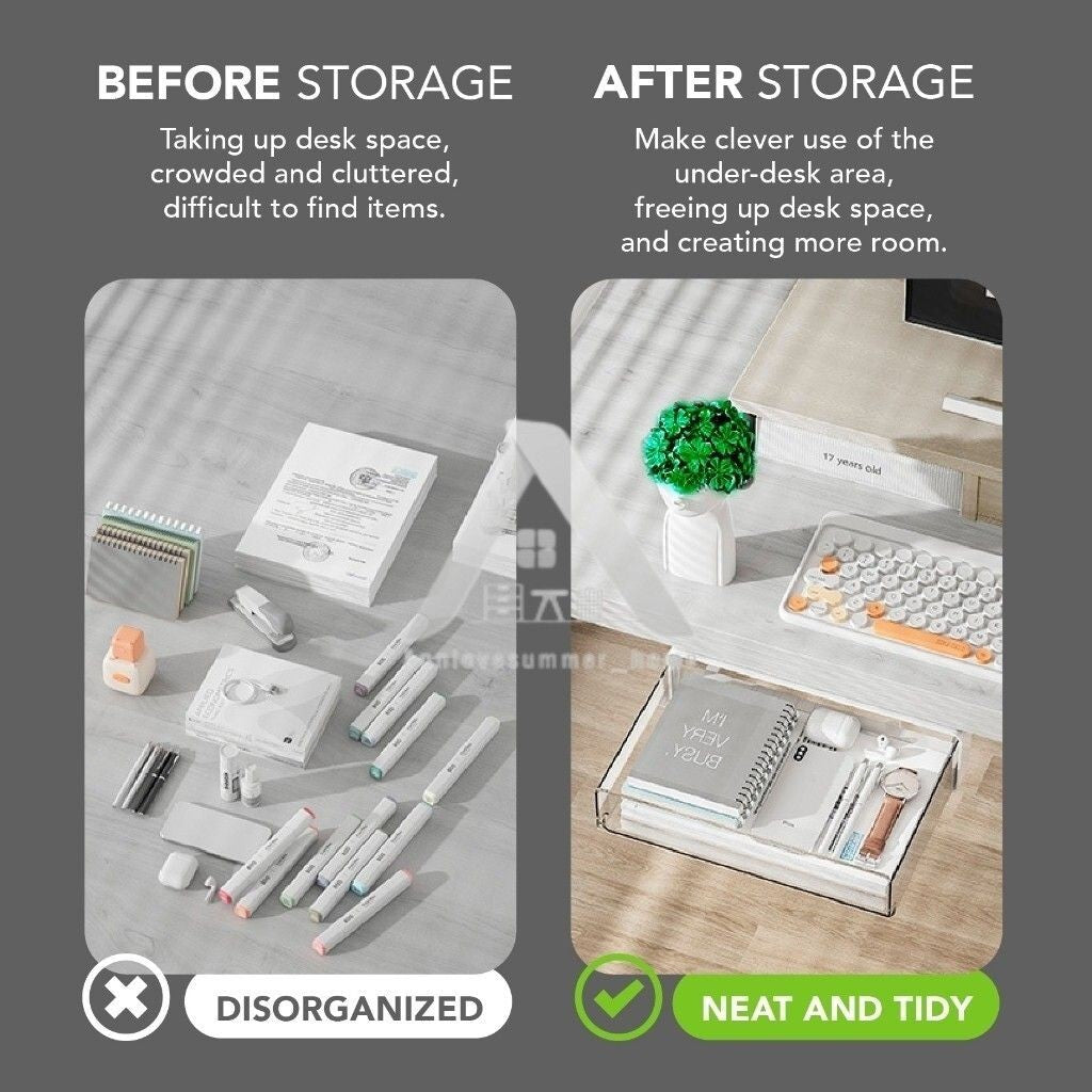 【𝗔𝗦𝗛】Under-Desk Drawer Storage Box Dormitory Stationery Organizer Office Desk Hidden Storage Box Makeup Organizer Box