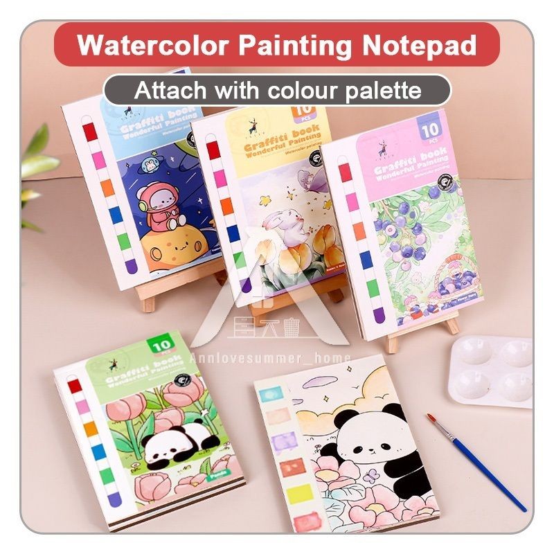 【𝗔𝗦𝗛】Watercolor Painting Notepad Portable Coloring Pastel Coloring Book水彩画自带颜料涂色便签本