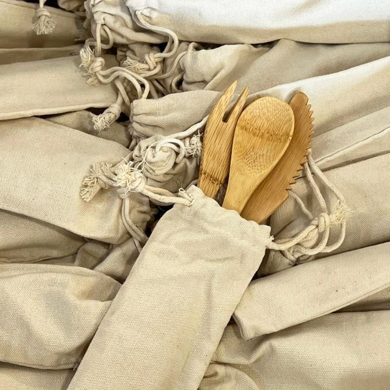 【𝗔𝗦𝗛】Personalized Utensils Bamboo Cutlery Set with Linen Storage Bag Spoon/Fork/Knife 3PCS/SET
