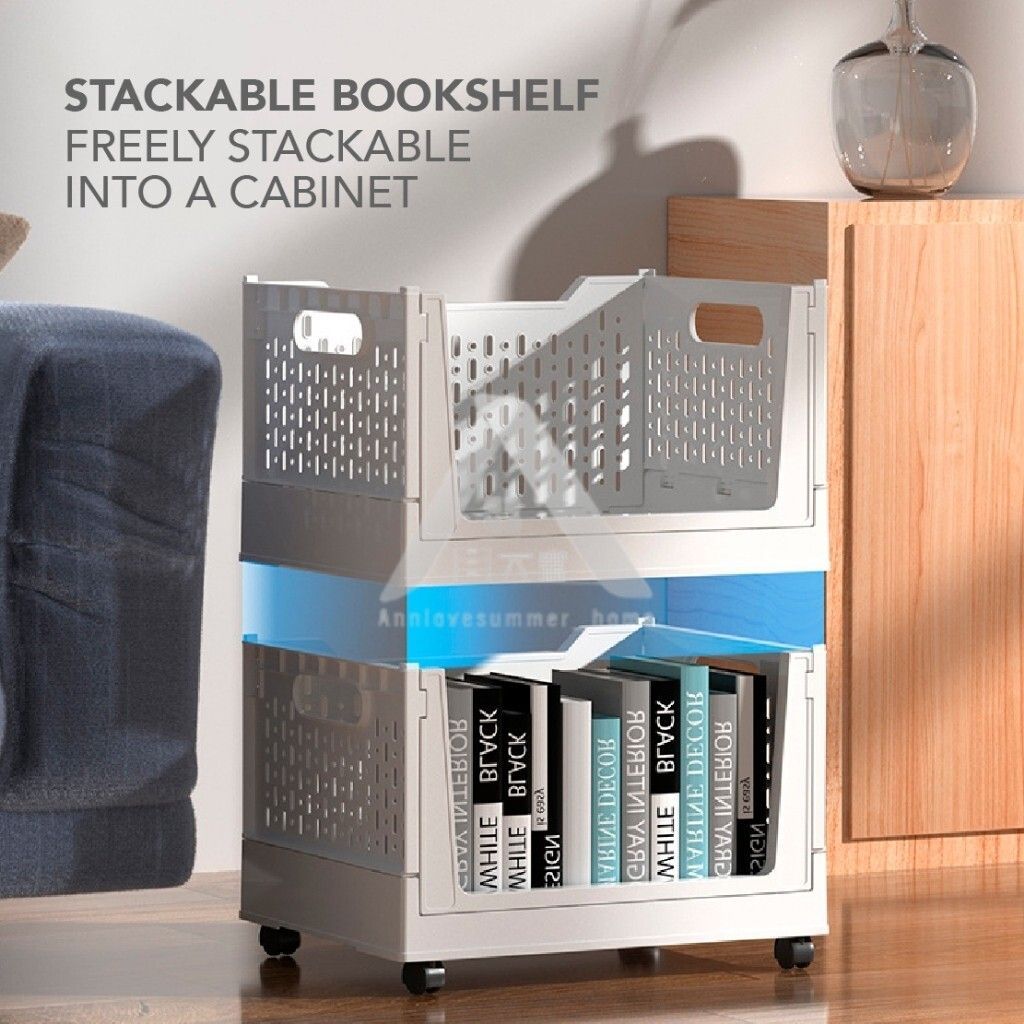【𝗔𝗦𝗛】FOLDABLE Storage Bookshelf Desktop Book Storage Basket Folding Organizer with Wheels Multi-purpose Storage Box折叠收纳筐