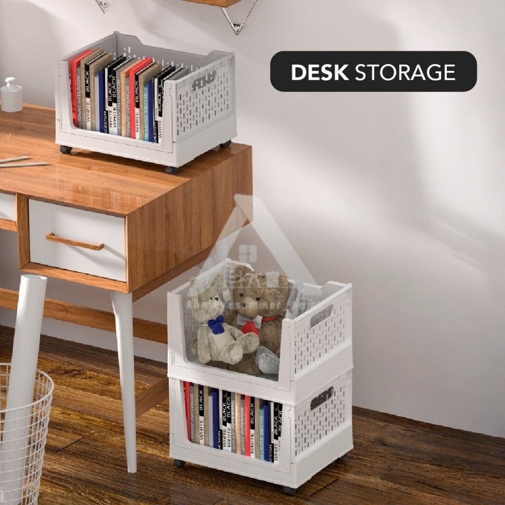 【𝗔𝗦𝗛】FOLDABLE Storage Bookshelf Desktop Book Storage Basket Folding Organizer with Wheels Multi-purpose Storage Box折叠收纳筐