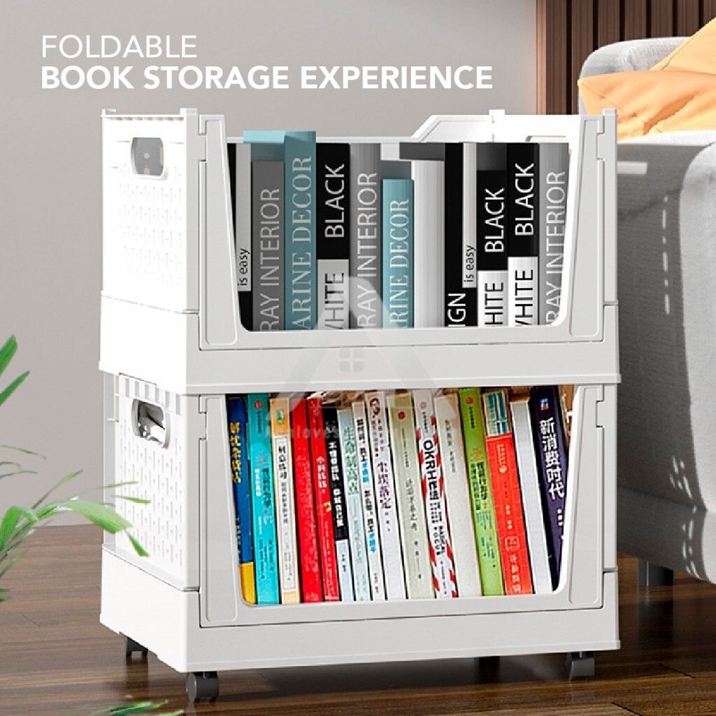 【𝗔𝗦𝗛】FOLDABLE Storage Bookshelf Desktop Book Storage Basket Folding Organizer with Wheels Multi-purpose Storage Box折叠收纳筐