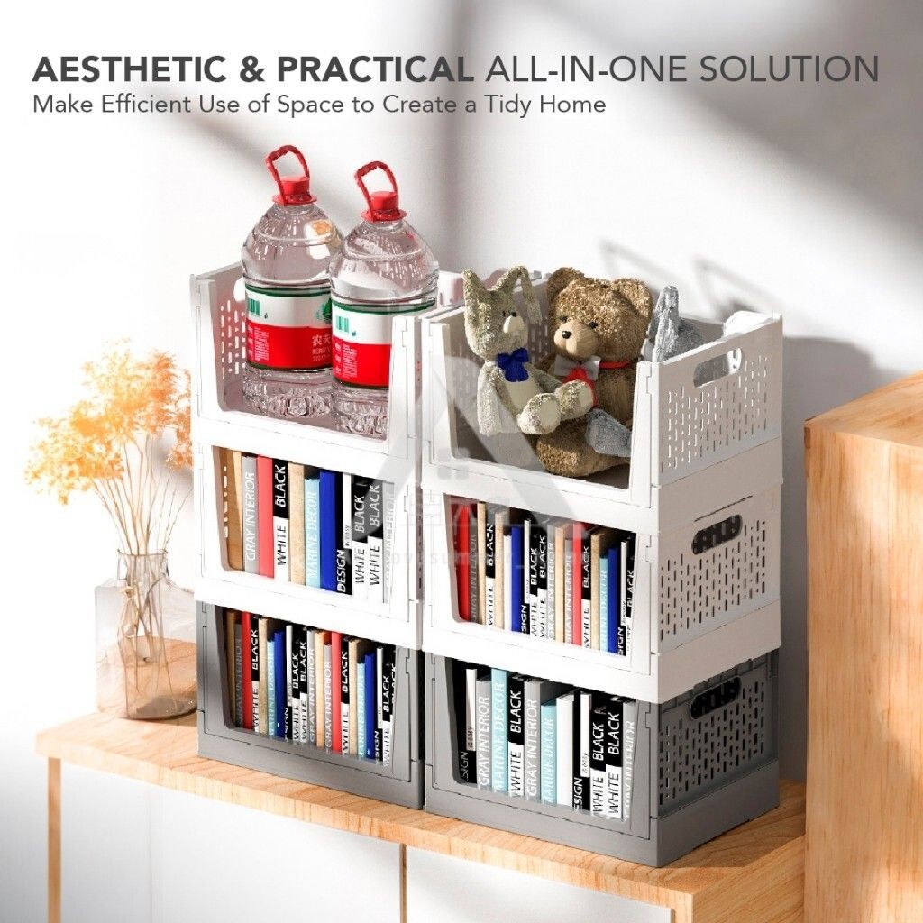 【𝗔𝗦𝗛】FOLDABLE Storage Bookshelf Desktop Book Storage Basket Folding Organizer with Wheels Multi-purpose Storage Box折叠收纳筐