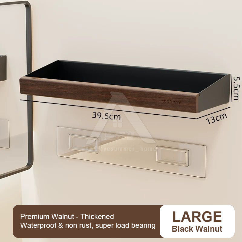【𝗔𝗦𝗛】Walnut Bathroom Rack Shelf | Wood Wall Shelf Shampoo Storage | No Drill Punch Free Anti Rust