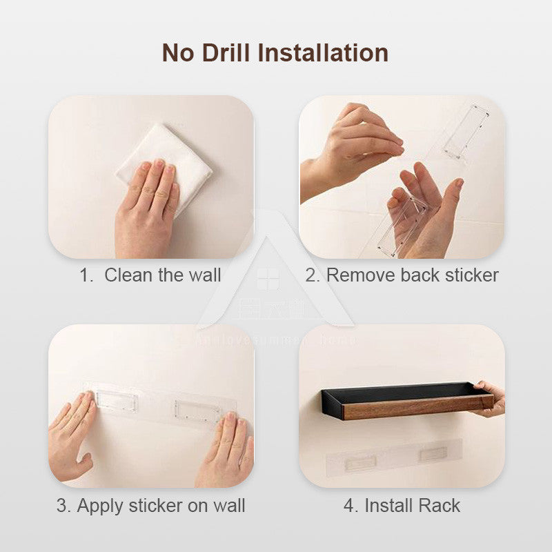 【𝗔𝗦𝗛】Walnut Bathroom Rack Shelf | Wood Wall Shelf Shampoo Storage | No Drill Punch Free Anti Rust
