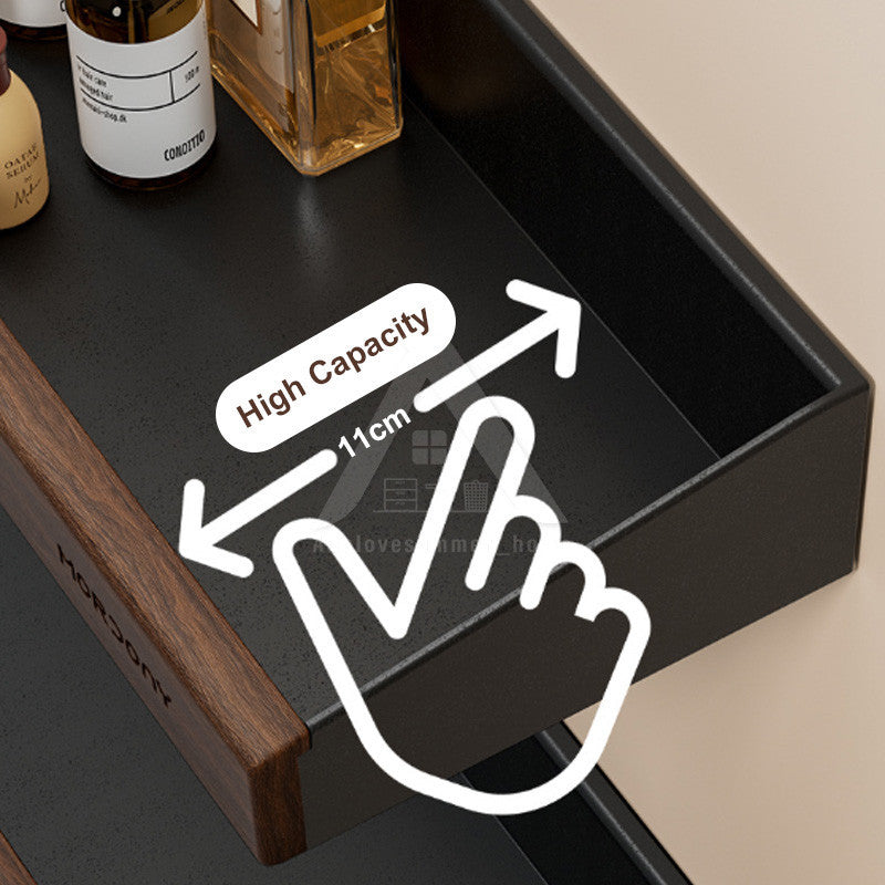 【𝗔𝗦𝗛】Walnut Bathroom Rack Shelf | Wood Wall Shelf Shampoo Storage | No Drill Punch Free Anti Rust