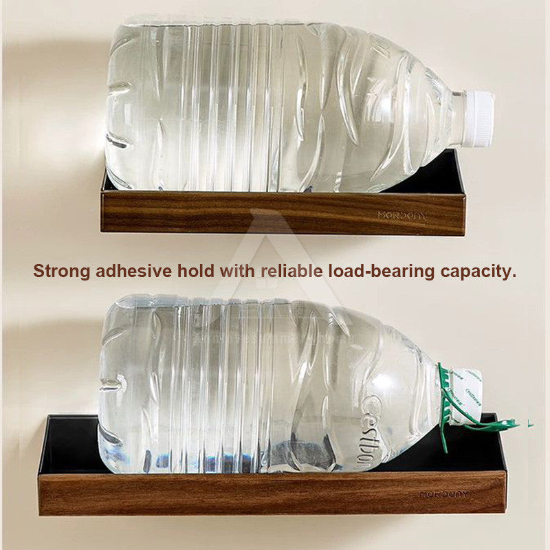 【𝗔𝗦𝗛】Walnut Bathroom Rack Shelf | Wood Wall Shelf Shampoo Storage | No Drill Punch Free Anti Rust
