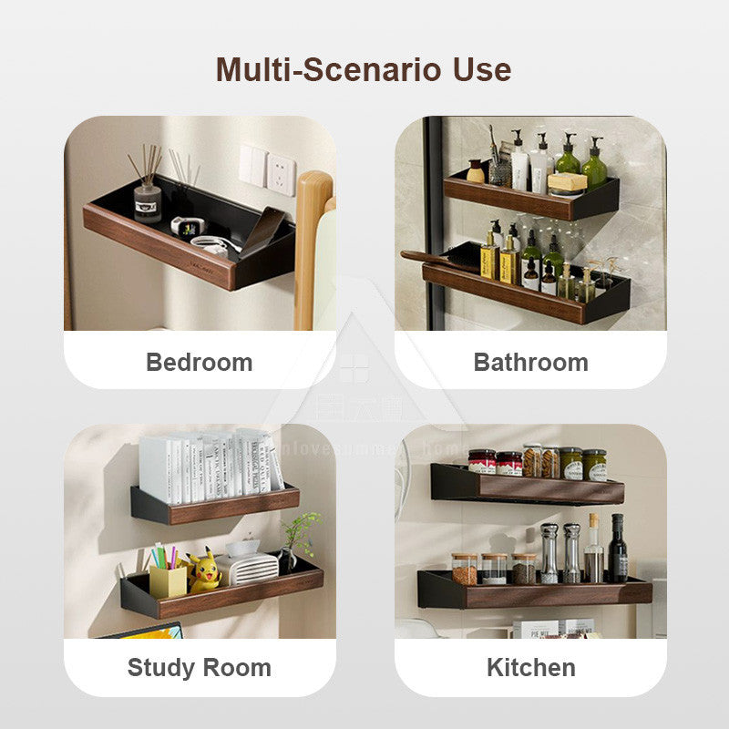 【𝗔𝗦𝗛】Walnut Bathroom Rack Shelf | Wood Wall Shelf Shampoo Storage | No Drill Punch Free Anti Rust