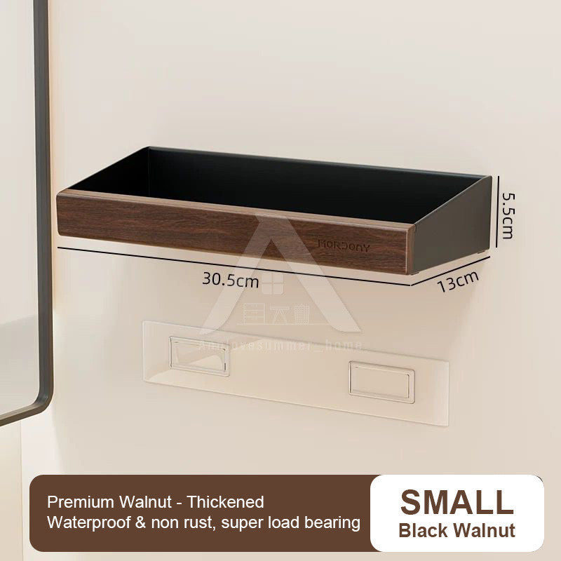 【𝗔𝗦𝗛】Walnut Bathroom Rack Shelf | Wood Wall Shelf Shampoo Storage | No Drill Punch Free Anti Rust