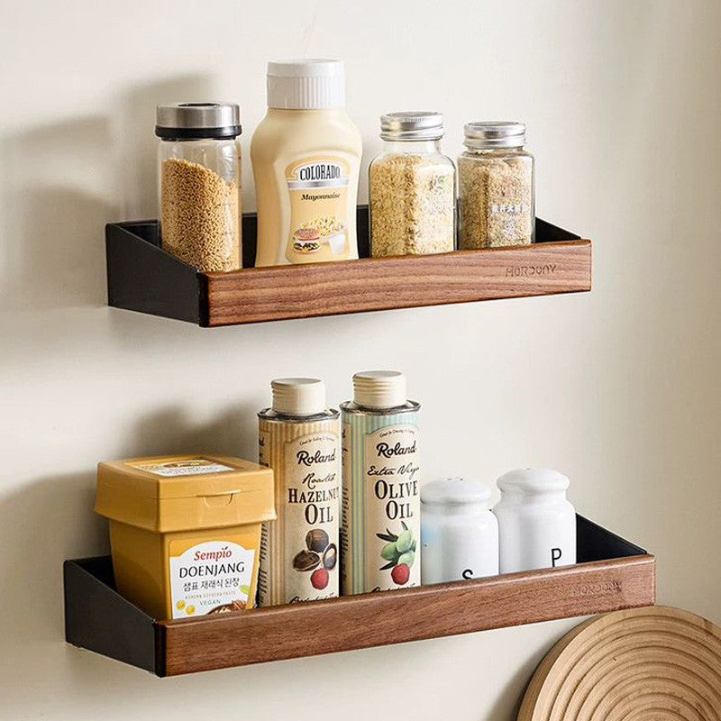 【𝗔𝗦𝗛】Walnut Bathroom Rack Shelf | Wood Wall Shelf Shampoo Storage | No Drill Punch Free Anti Rust