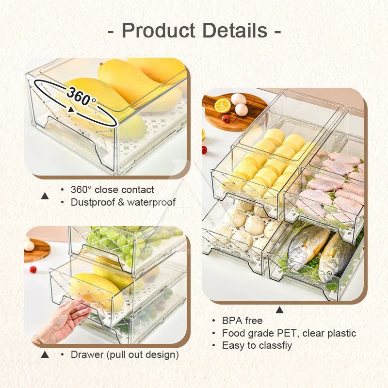 【𝗔𝗦𝗛】Premium🔥Hard Drawer Stackable Kitchen Storage Cabinet, Refrigerator,Freezer Food Storage Box with Handles, Food