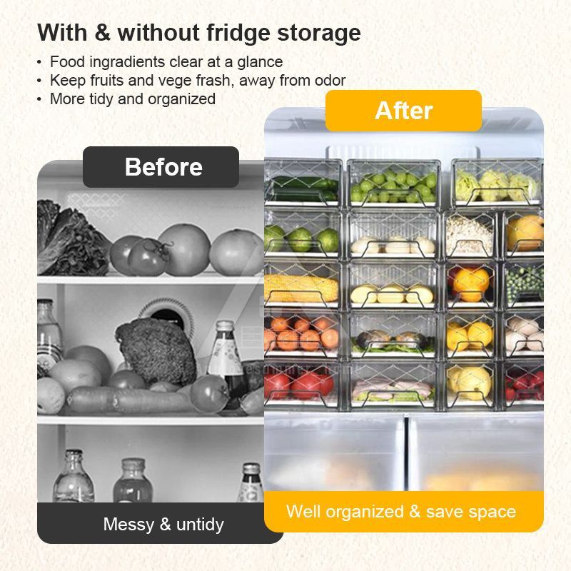 【𝗔𝗦𝗛】Premium🔥Hard Drawer Stackable Kitchen Storage Cabinet, Refrigerator,Freezer Food Storage Box with Handles, Food