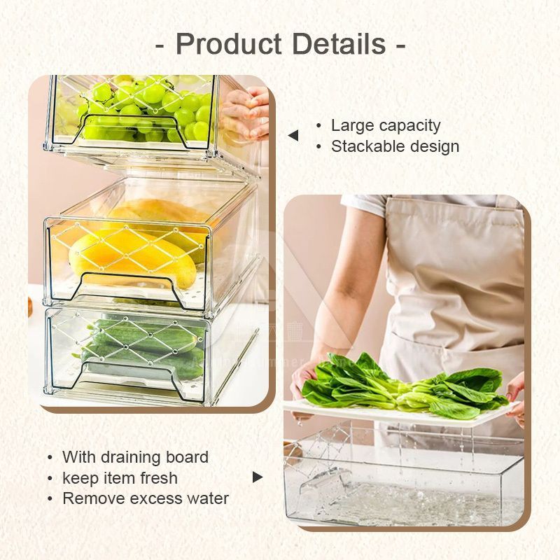 【𝗔𝗦𝗛】Premium🔥Hard Drawer Stackable Kitchen Storage Cabinet, Refrigerator,Freezer Food Storage Box with Handles, Food